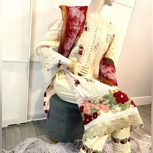 💎 AZIA CREATIONZZ Pakistani 3 Piece Embroidered Suit Set Eid Cream Red